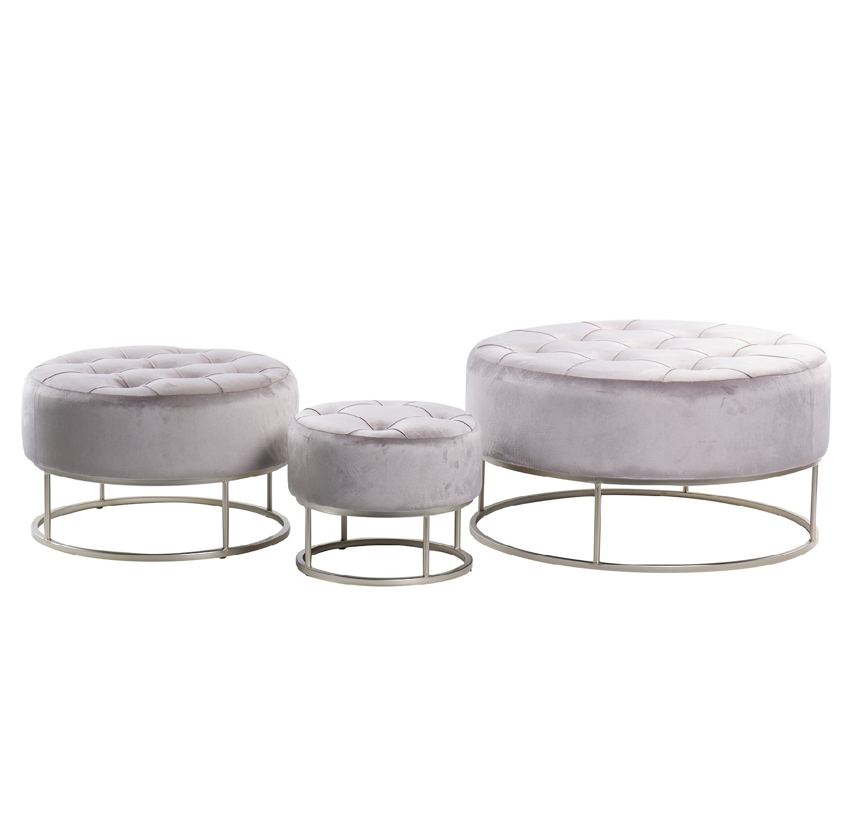 Set-de-3-puffs-diseño-Art-Decó-metal-champagne-y-terciopelo-color-beige-capitoné-1